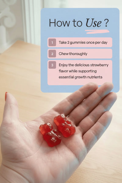 A hand holding two red gummy bears  with an informational overlay card showing how to use the gummies.